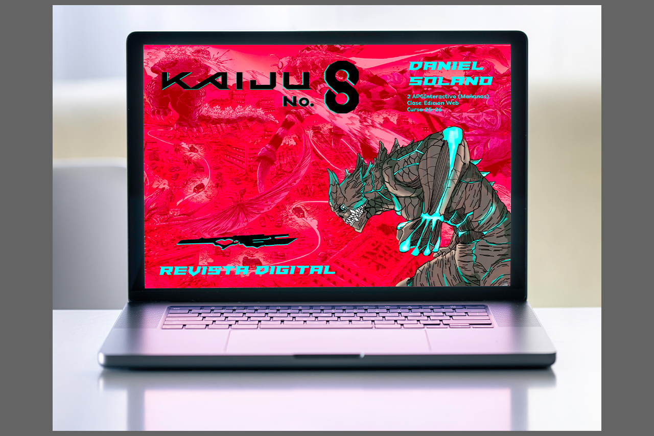 Maquetación sobre una revista interactiva dijital, basada en el personaje de Kaiju Nº8 (Mockup)
